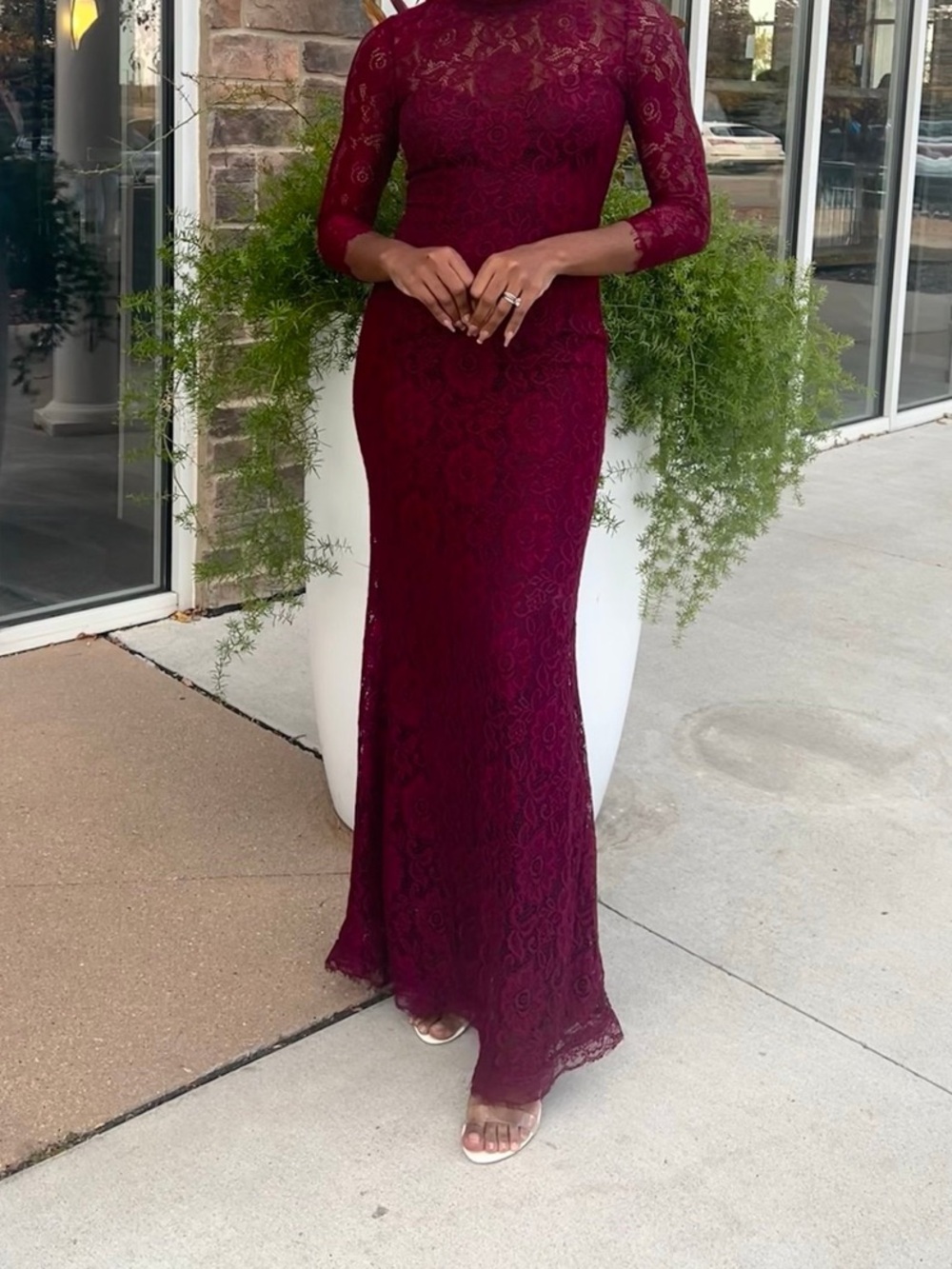 Lulu's Wine Burgundy Lace Long-Sleeve Gown